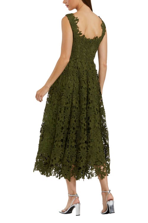 Mac Duggal Sleeveless Square Neck Lace A-line Midi Dress In Green