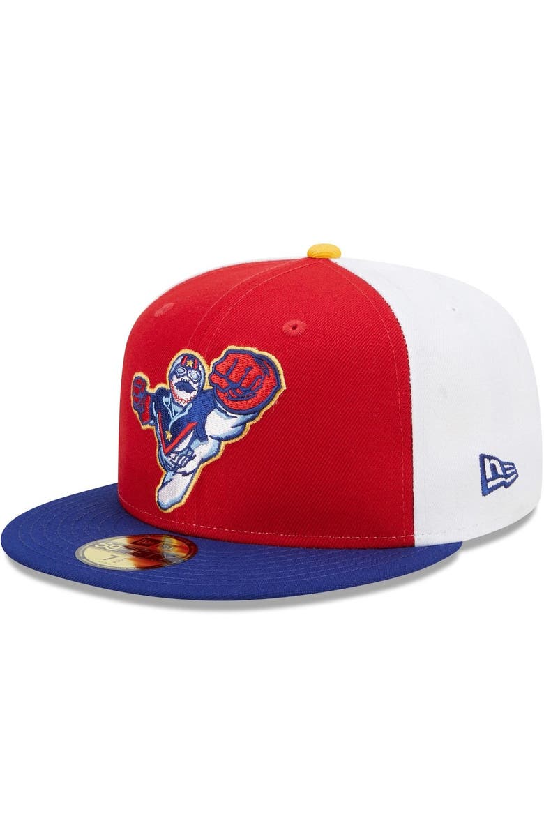 Men's New Era Red/Blue Kannapolis Cannon Ballers Marvel x Minor League 59FIFTY Fitted Hat, Main, color, Red