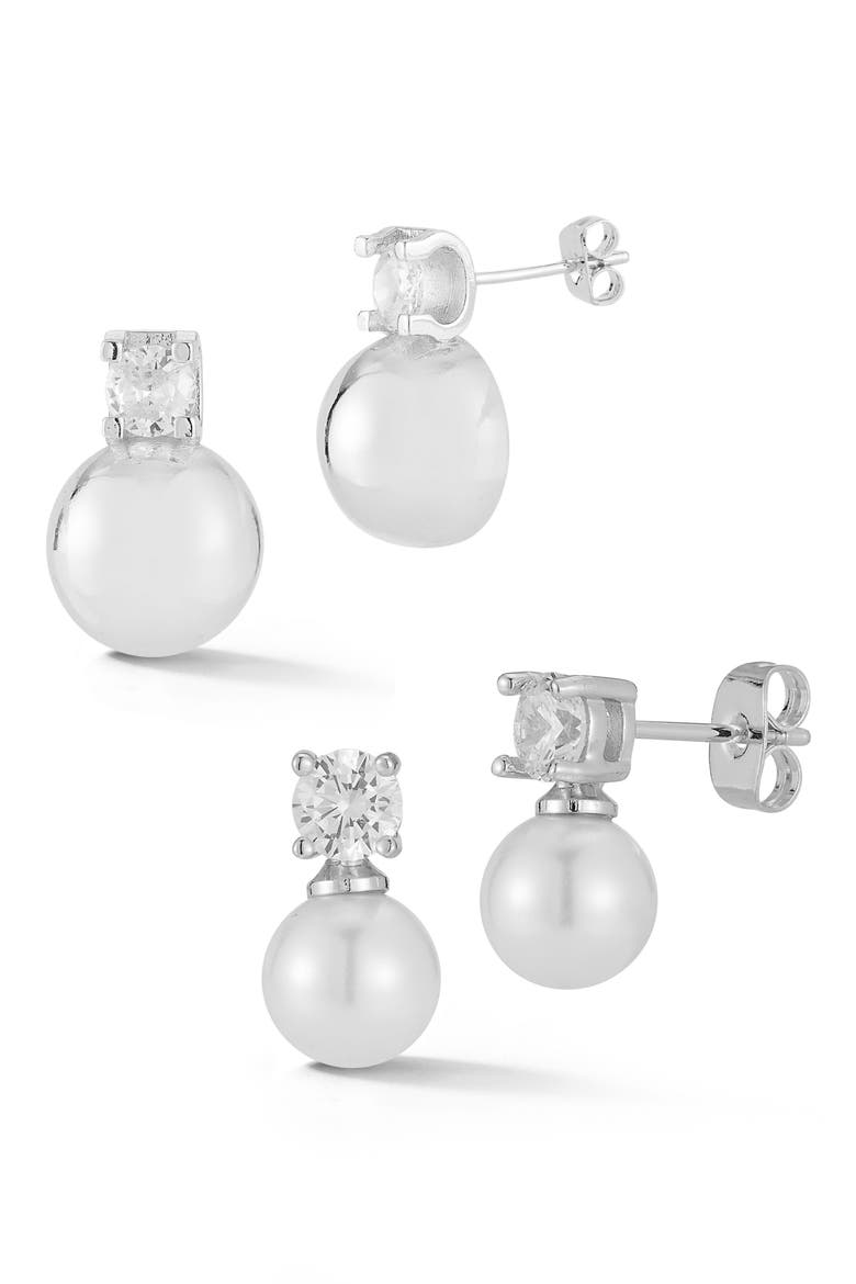 Set of 2 Cubic Zirconia and Imitation Pearl Earrings, Main, color, SILVER