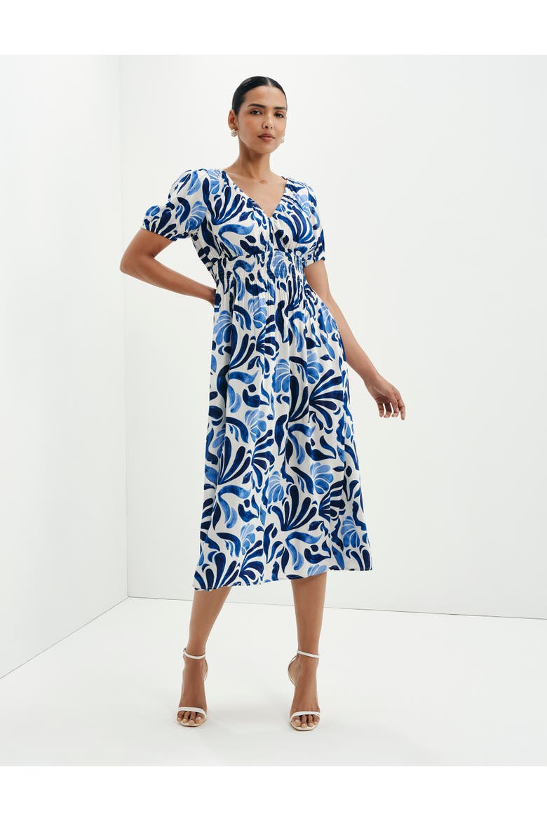 Dolly V-Neck Midi Dress, Alternate, color, Blue Abstract