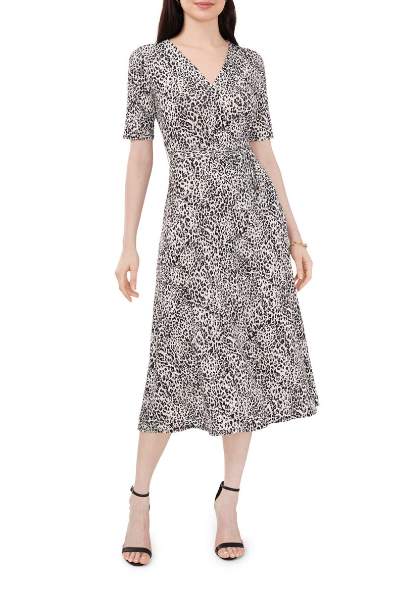 Animal Print Belted Faux-Wrap Midi Dress, Main, color, IVORY