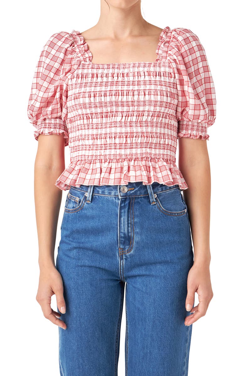 English Factory Check Smocked Bow Accent Top, Alternate, color, Red