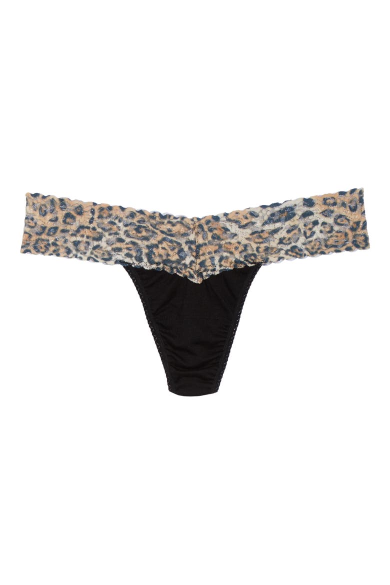 Mid Rise Lace Trim Thong, Alternate, color, BLACK/ LEOPARD NOUVEAU