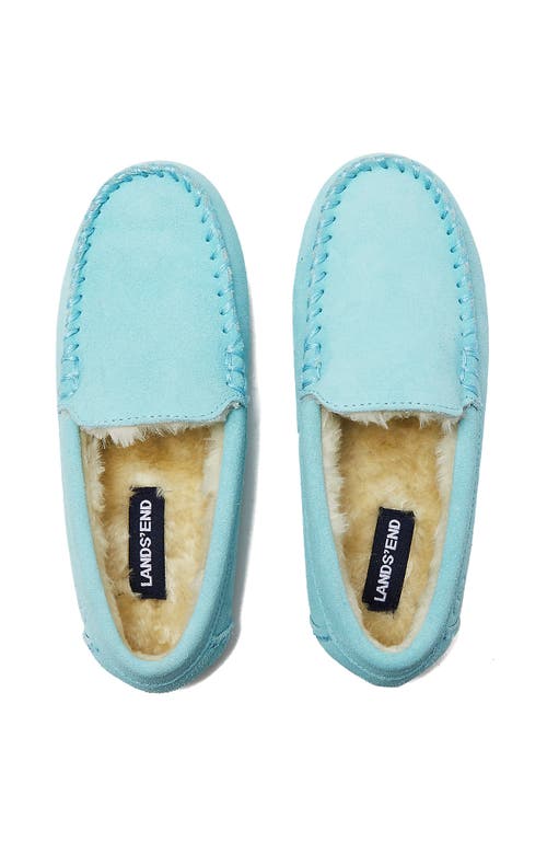 Lands' End Kids Fuzzy Lined Suede Moccasin Slippers In Pale Aqua Ice Suede