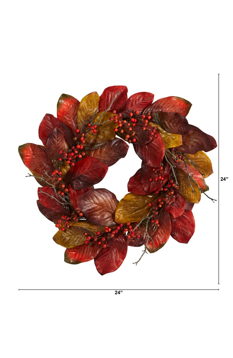 NEARLY NATURAL 24-in Harvest Magnolia Leaf and Berries Artificial Wreath, Alternate, color, Orange
