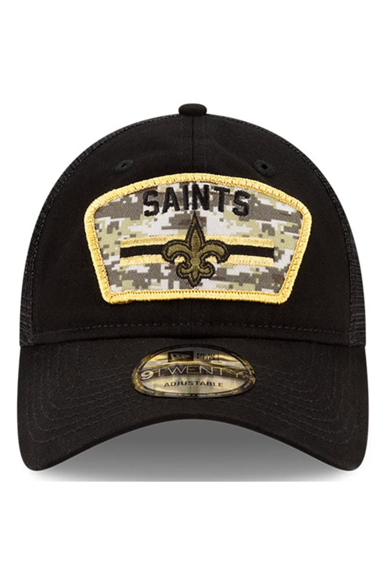 Youth New Era Black/Camo New Orleans Saints 2021 Salute To Service Trucker 9TWENTY Snapback Adjustable Hat, Alternate, color, Black