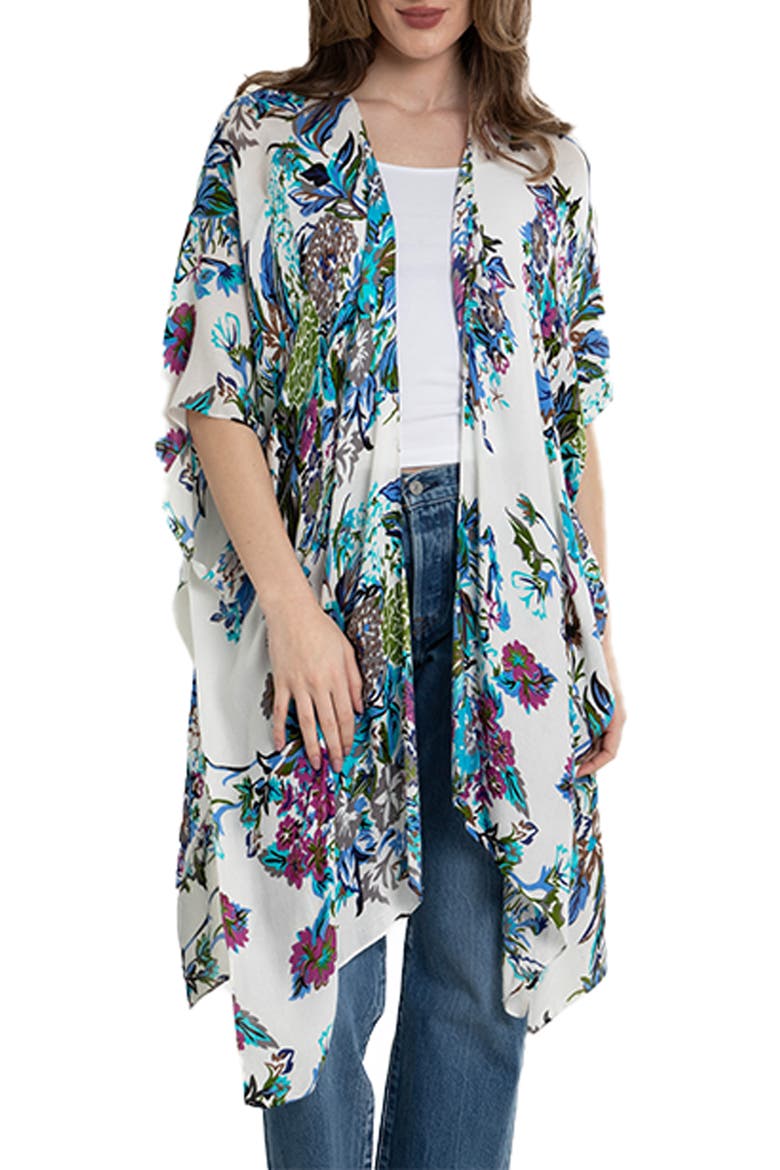 Floral Print Ruana, Main, color, WHITE