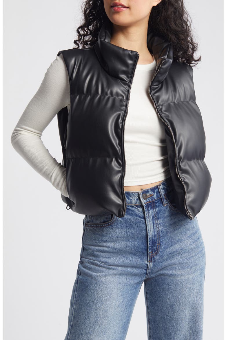 Faux Leather Crop Puffer Vest, Main, color, BLACK