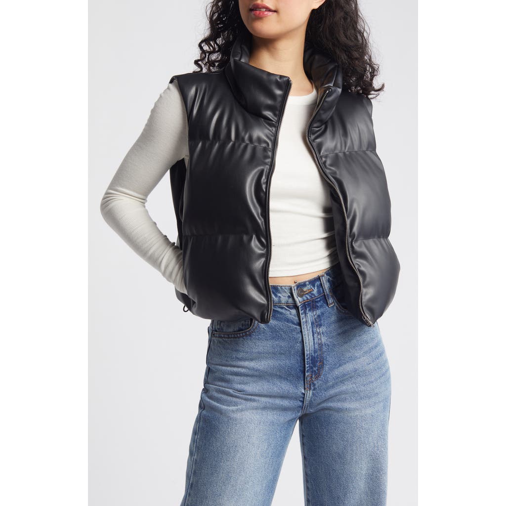 Thread & Supply Faux Leather Crop Puffer Vest In Black