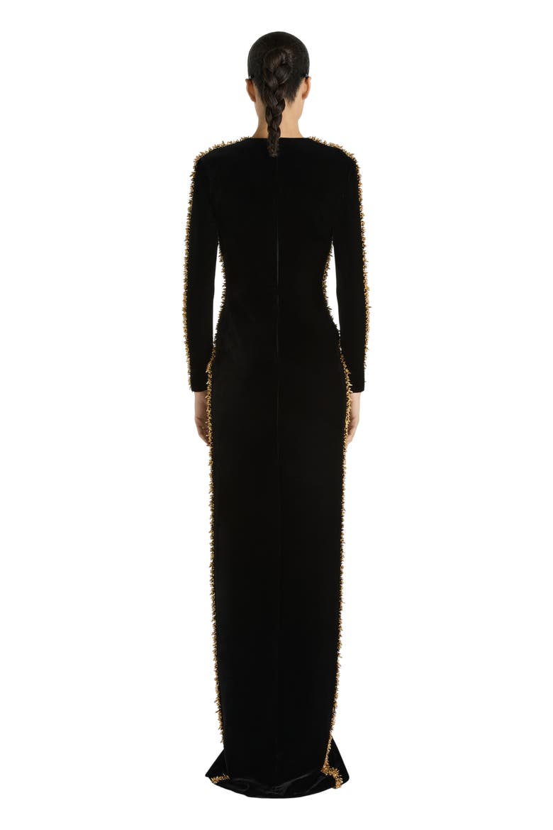 Long Velvet Dress with Embroidered Trim, Alternate, color, black