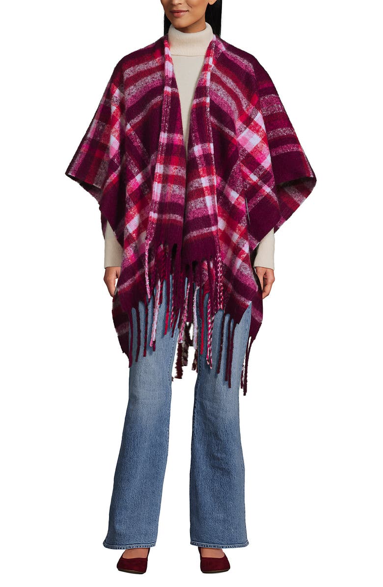 Lands' End Brushed Boucle Ruana, Main, color, Vivid Plum/Magenta Plaid