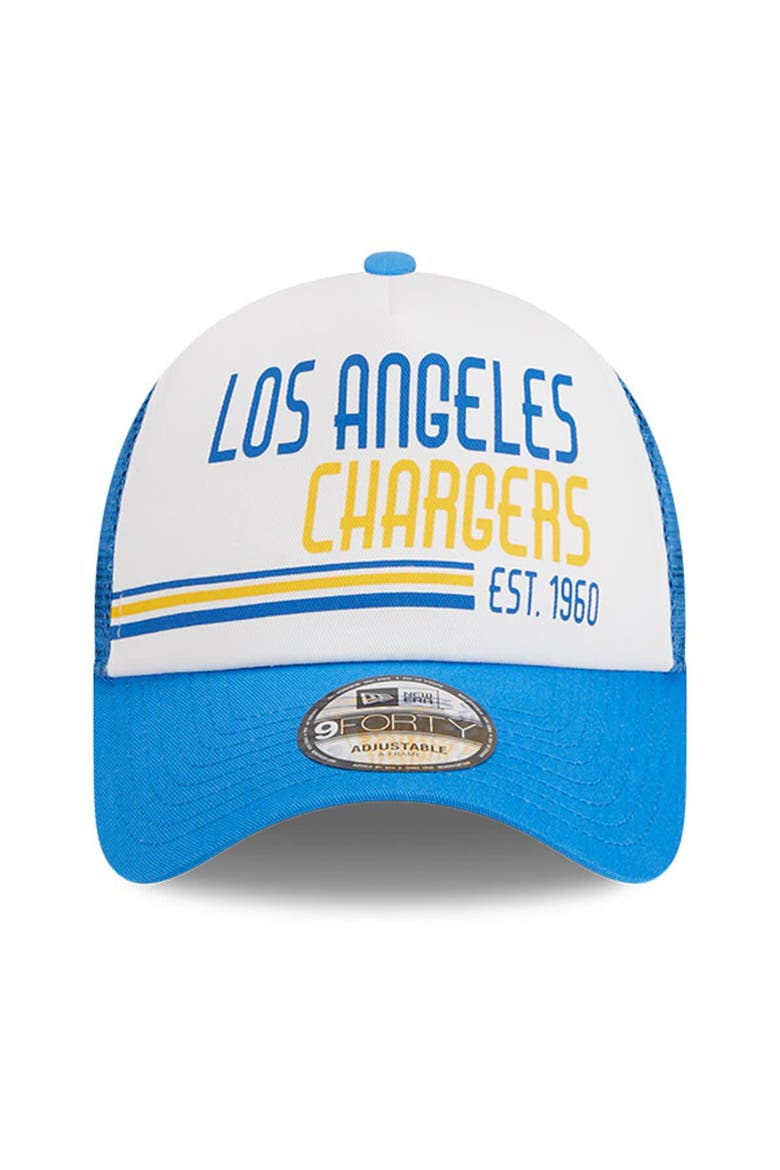 Men's New Era White/Powder Blue Los Angeles Chargers Stacked A-Frame Trucker 9FORTY Adjustable Hat, Alternate, color, White