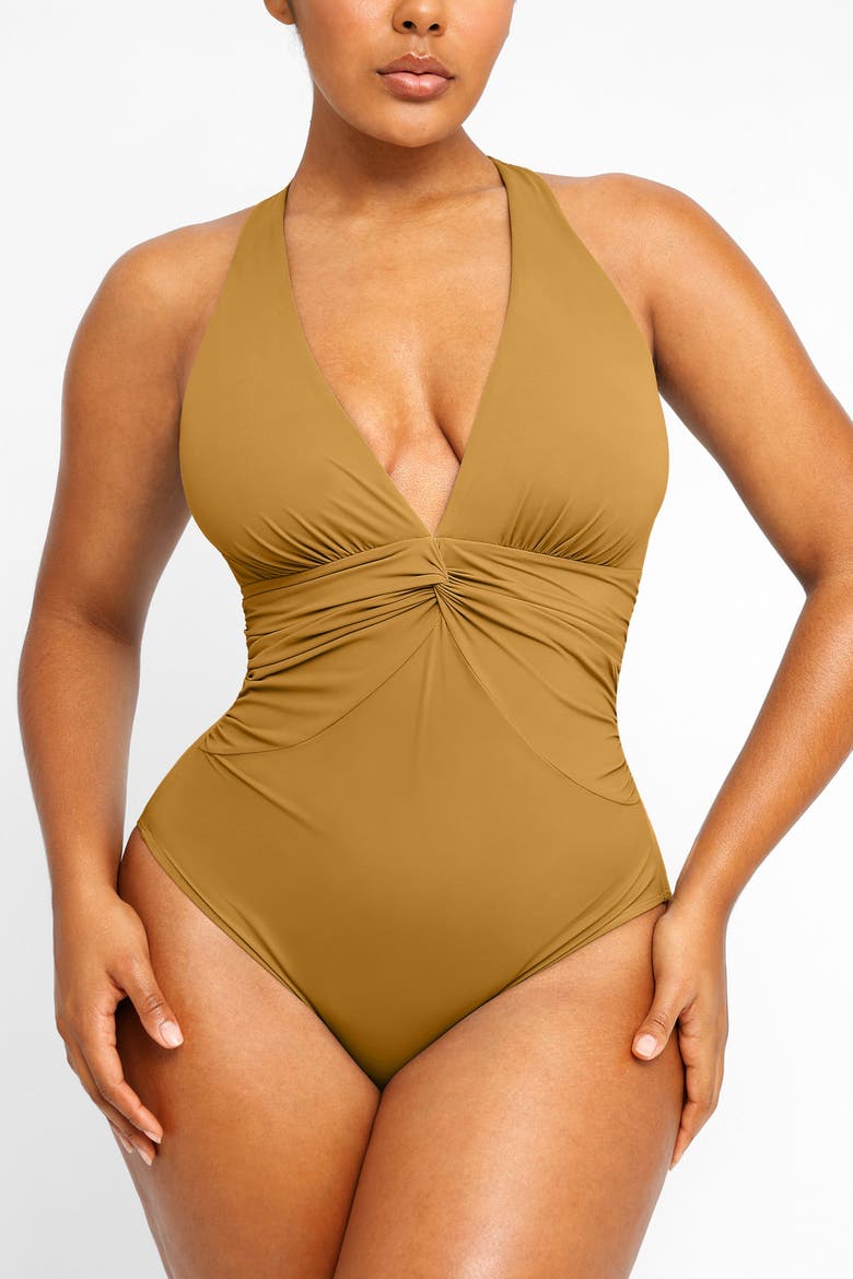 Plunge Ruched Twist-Front One Piece Swimsuit, Main, color, Earth Yellow