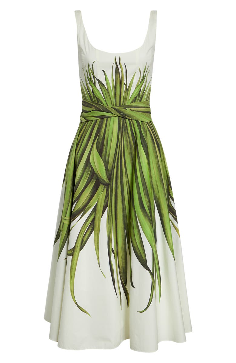 Oscar de la Renta Palm Leaves Print Cotton Stretch Poplin Midi Dress, Main, color, Green/ Ecru