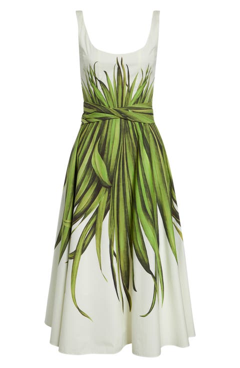 Palm Leaves Print Cotton Stretch Poplin Midi Dress