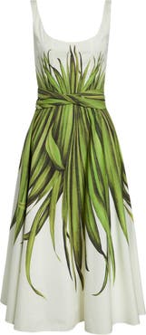 Oscar de la Renta Palm Leaves Print Cotton Stretch Poplin Midi Dress