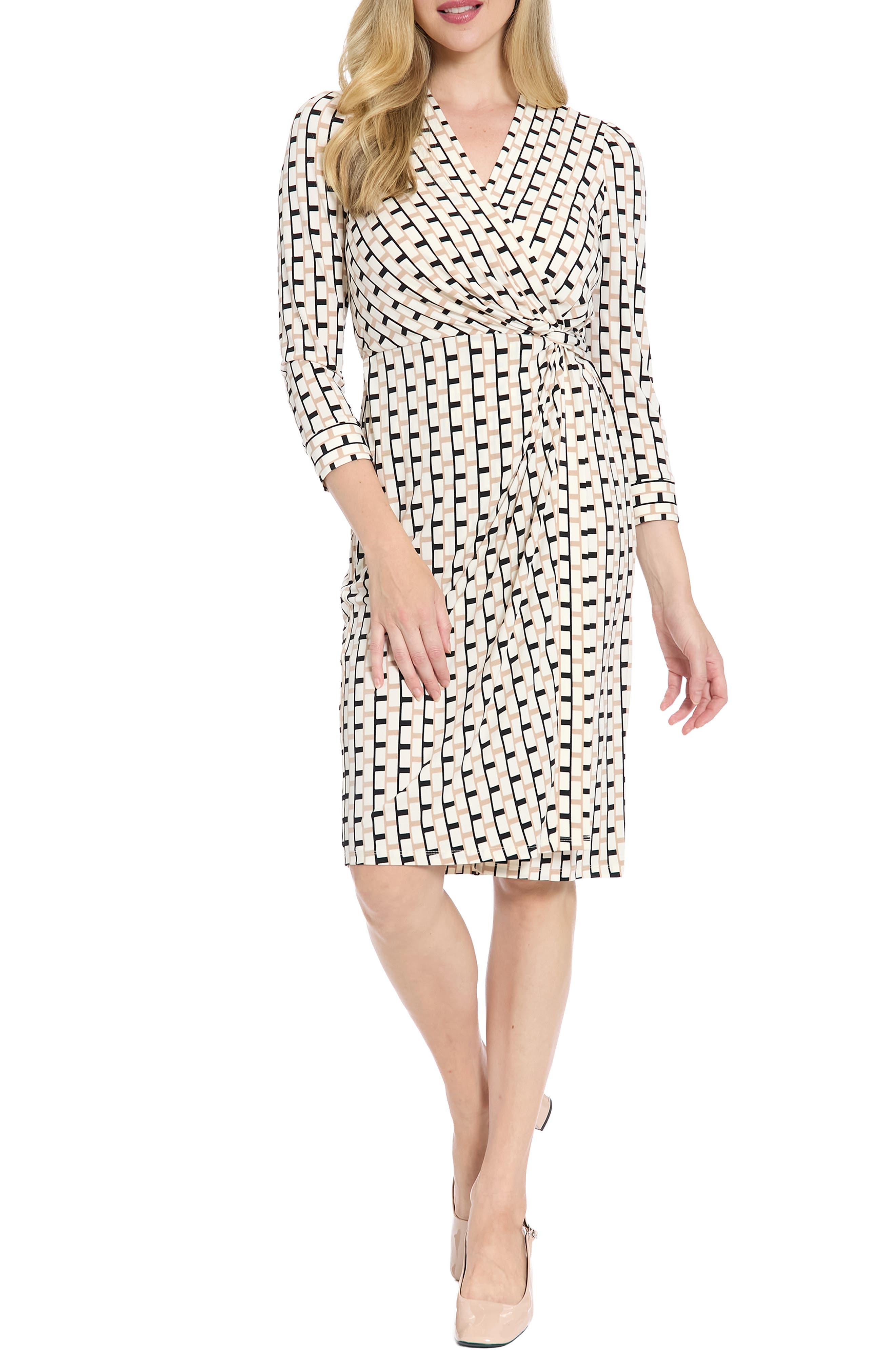 London Times Geometric Print Faux Wrap Dress