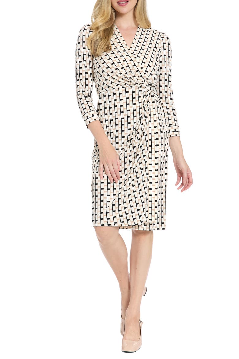 Geometric Print Faux Wrap Dress, Main, color, BLACK/ CREAM