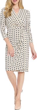 London Times Geometric Print Faux Wrap Dress