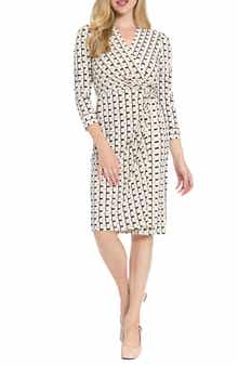 London Times Geometric Print Faux Wrap Dress