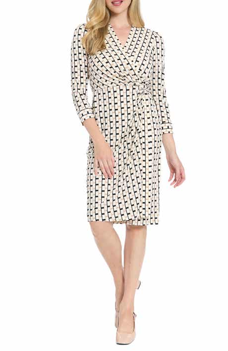London Times Geometric Print Faux Wrap Dress