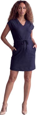 24seven Comfort Apparel Maternity Essential Ribbed Knit V-Neck Drawstring Waist Pocket Knee-Length Dress