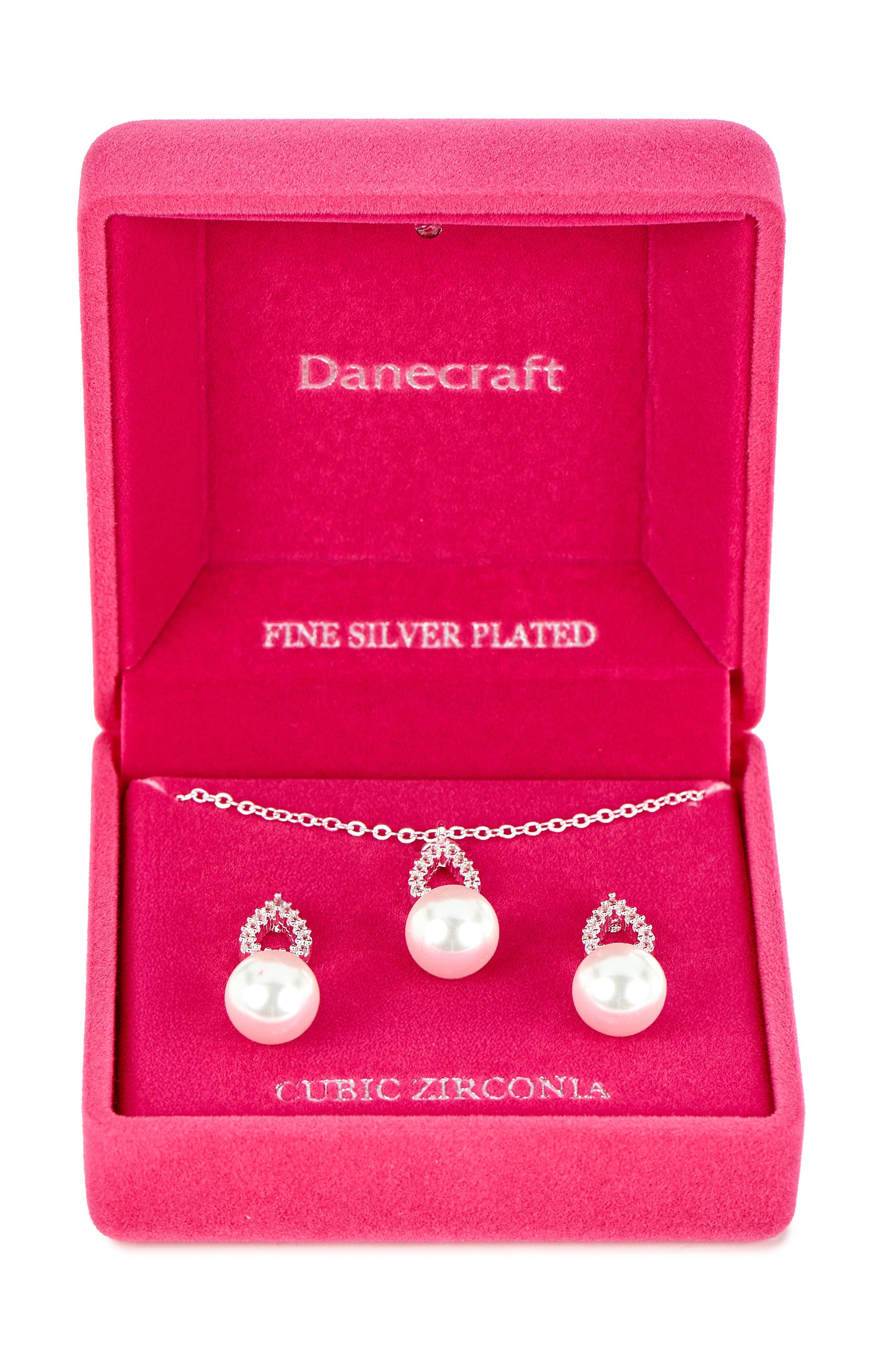Danecraft Pavè Cubic Zirconia & Faux Pearl Pendant Necklace & Earrings Set