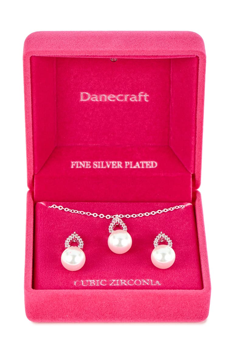 Pavè Cubic Zirconia & Faux Pearl Pendant Necklace & Earrings Set, Main, color, METALLIC SILVER