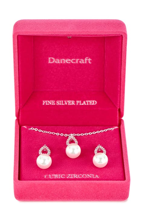 Pavè Cubic Zirconia & Faux Pearl Pendant Necklace & Earrings Set