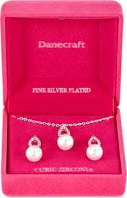 Danecraft Pavè Cubic Zirconia & Faux Pearl Pendant Necklace & Earrings Set