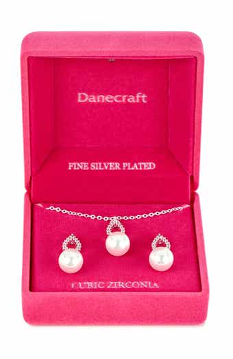 Danecraft Pavè Cubic Zirconia & Faux Pearl Pendant Necklace & Earrings Set