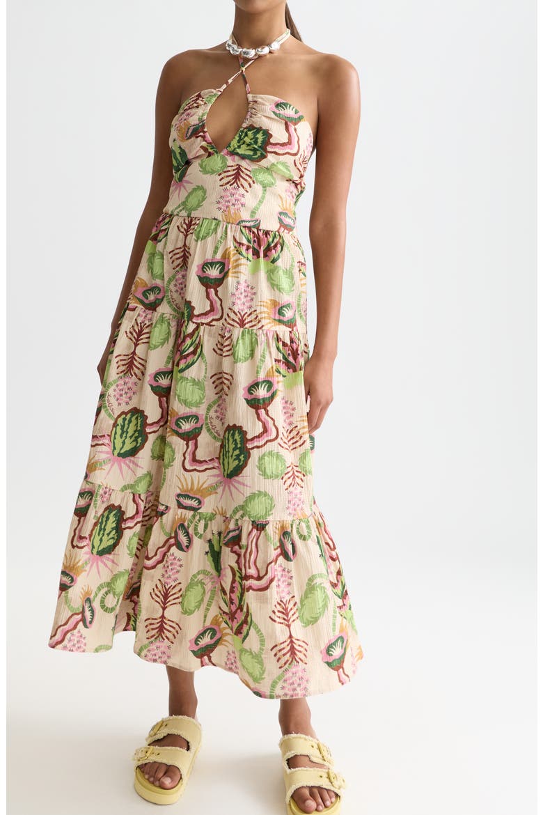 Keyhole Halter Stretch Cotton Seersucker Midi Sundress, Alternate, color, DESERT FLORAL CANYON CLAY