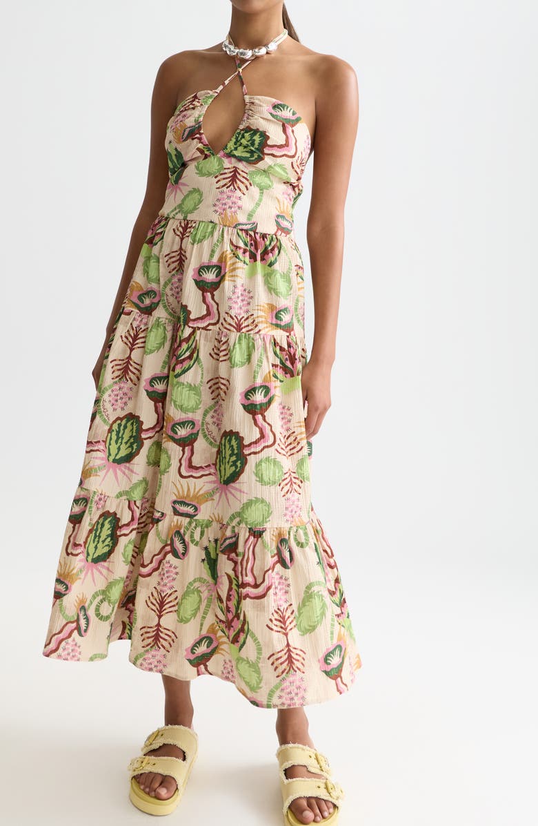 Scotch & Soda Keyhole Halter Stretch Cotton Seersucker Midi Sundress, Alternate, color, 