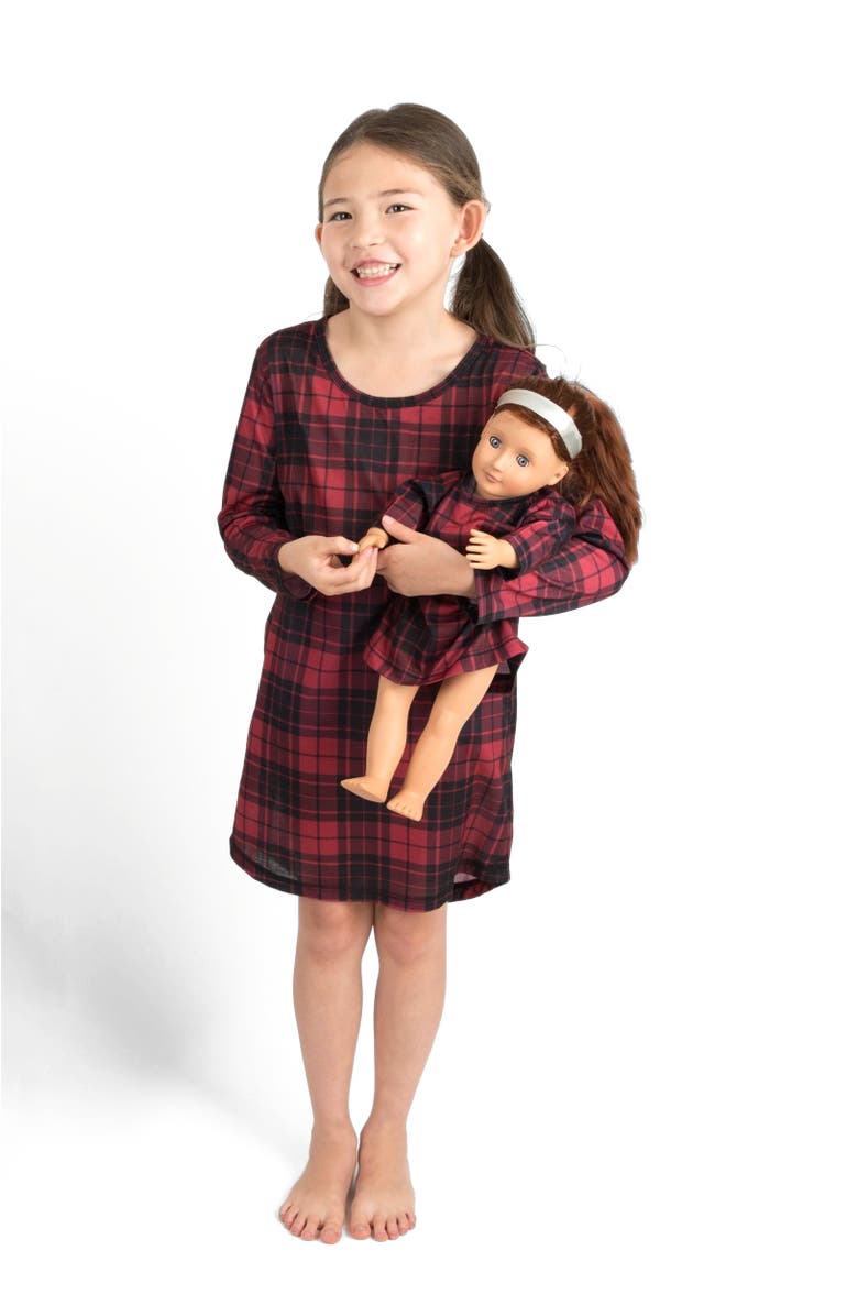 Leveret Girls Long Sleeve Nightgown with Matching Doll Nightgown, Printed Design, Alternate, color, Plaid Black & Red
