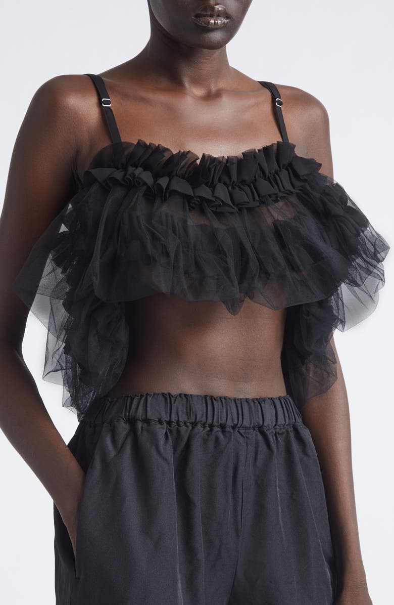 Noir Kei Ninomiya Ruffled Georgette & Tulle Crop Top, Alternate, color, Black
