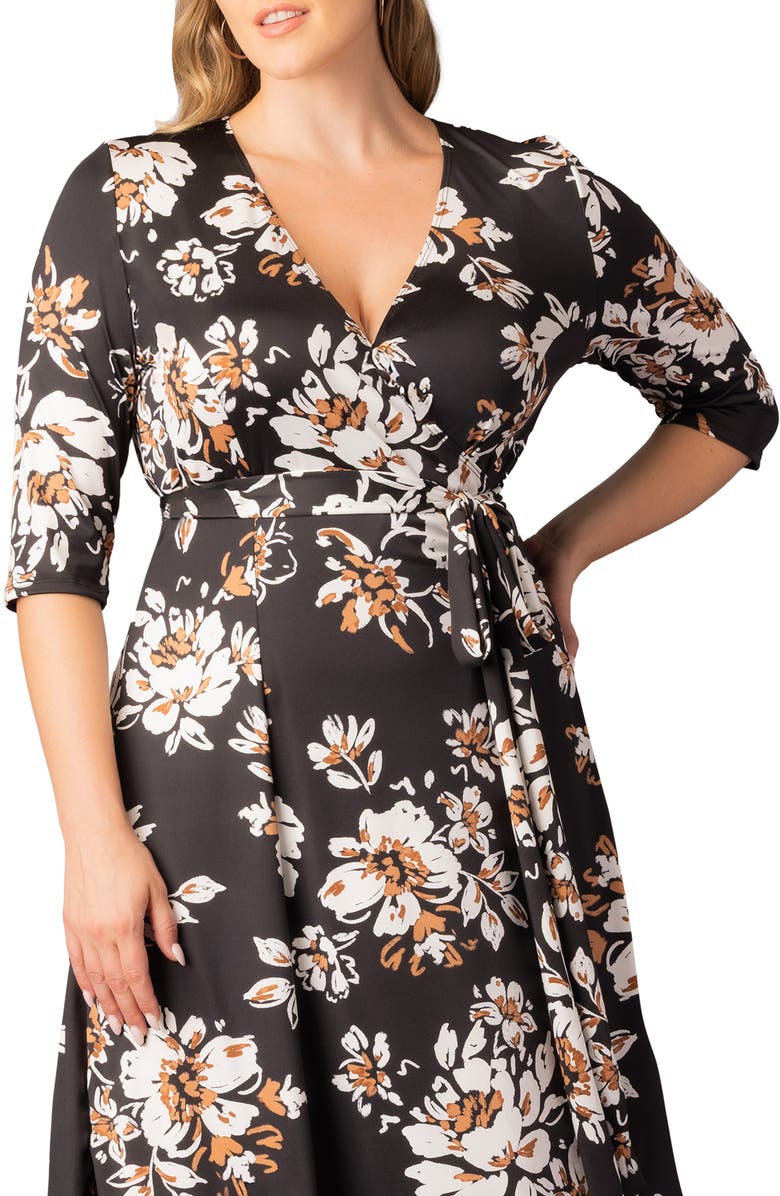 Kiyonna Signature A-Line Wrap Dress, Alternate, color, Black Scattered Blooms