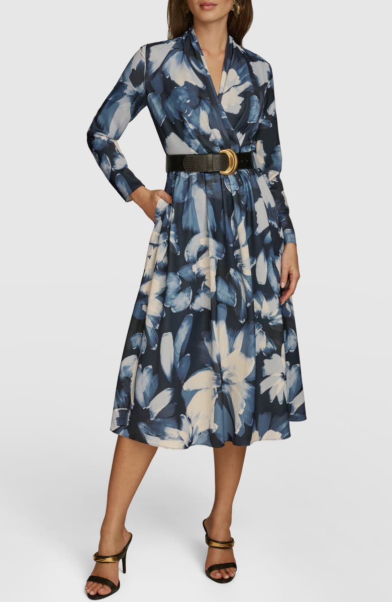 Donna Karan New York Floral Print Belted Long Sleeve Midi Dress, Main, color, Nightfall Multi