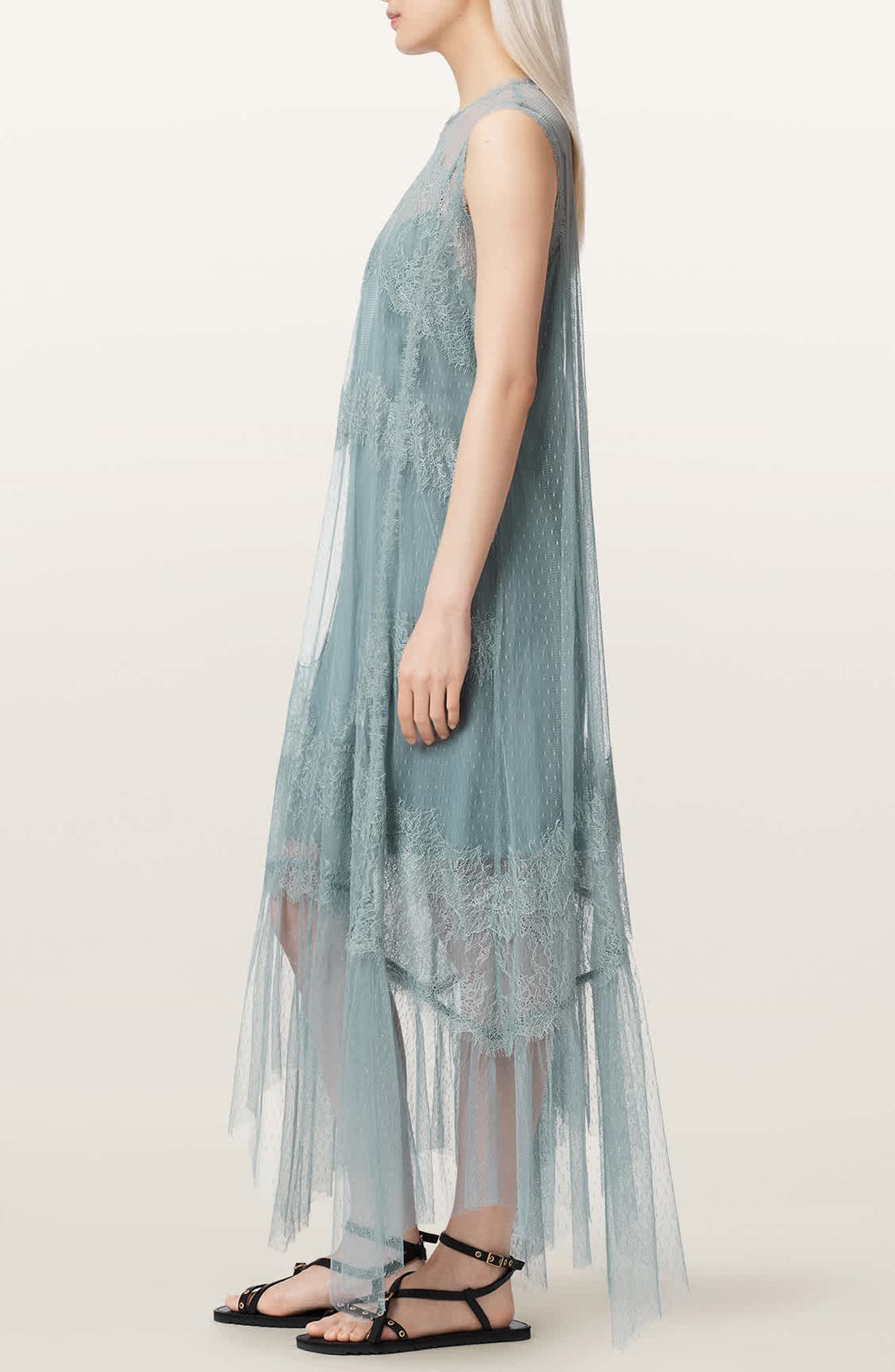 AllSaints Clara Sheer Lace Sleeveless Handkerchief Hem Dress (Women ...
