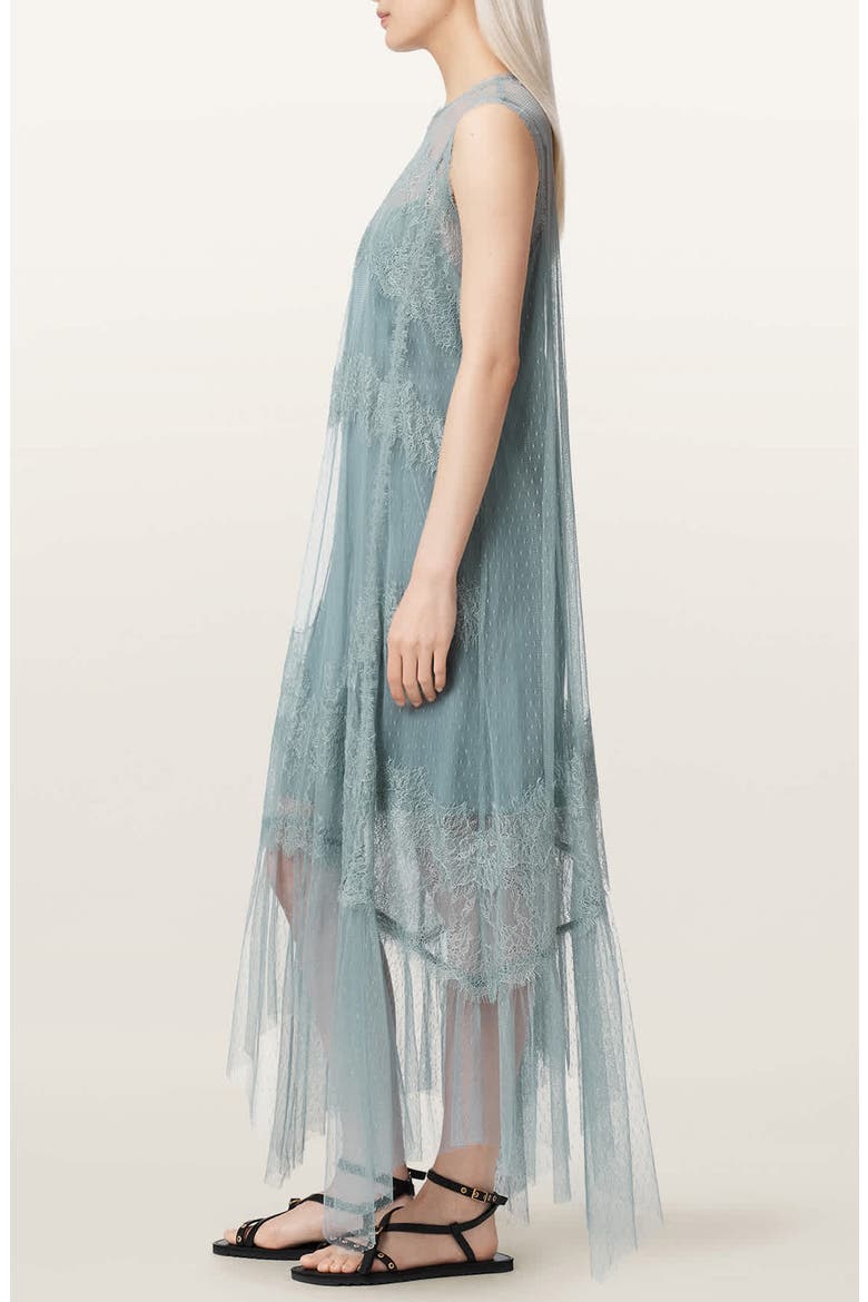 Clara Sheer Lace Sleeveless Handkerchief Hem Dress, Alternate, color, DUSTY BLUE