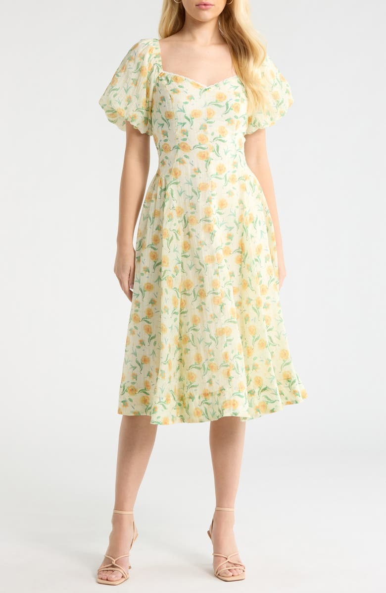 ASTR the Label Mayra Puff Sleeve Midi Dress, Main, color, Yellow Multi Floral