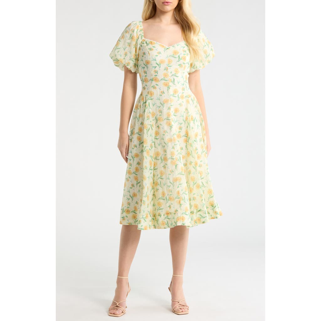 ASTR the Label Mayra Puff Sleeve Midi Dress in Yellow Multi Floral at Nordstrom, Size Medium