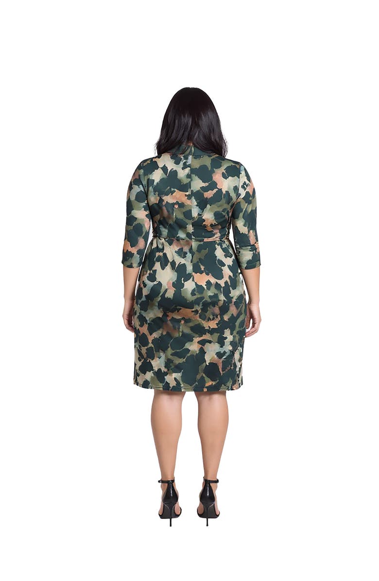 24seven Comfort Apparel Curvy Essential Three Quarter Sleeve Wrap Dress, Alternate, color, Green Multi