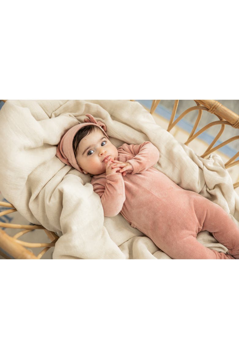 Bow Stitch Ribbed Velour Romper with Matching Hat, Alternate, color, Rose
