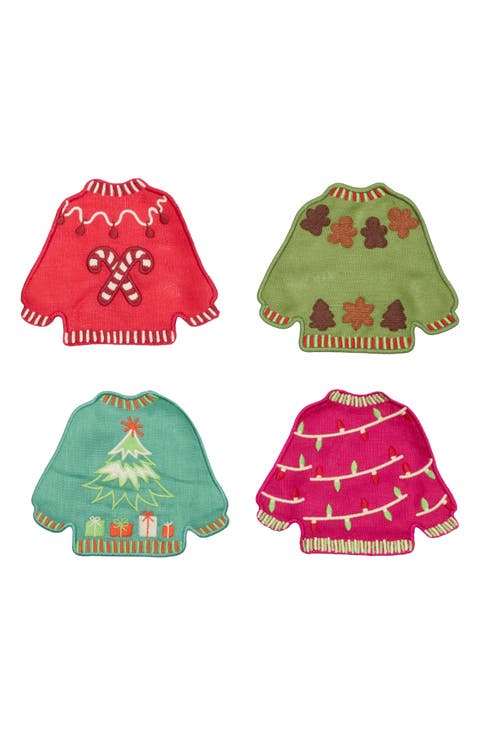 Assorted Set of 4 Ugly Sweaters Linen Cocktail Napkins