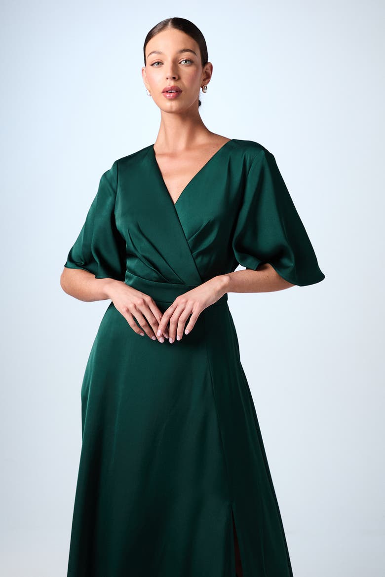 Wrap Satin Maxi Bridesmaids Dress, Alternate, color, Emerald