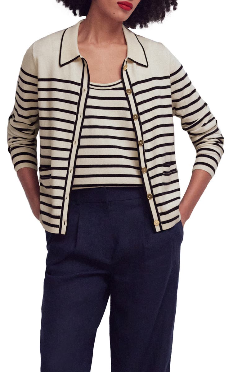 Boden Liz Stripe Collar Cardigan, Main, color, Ivory/ Navy