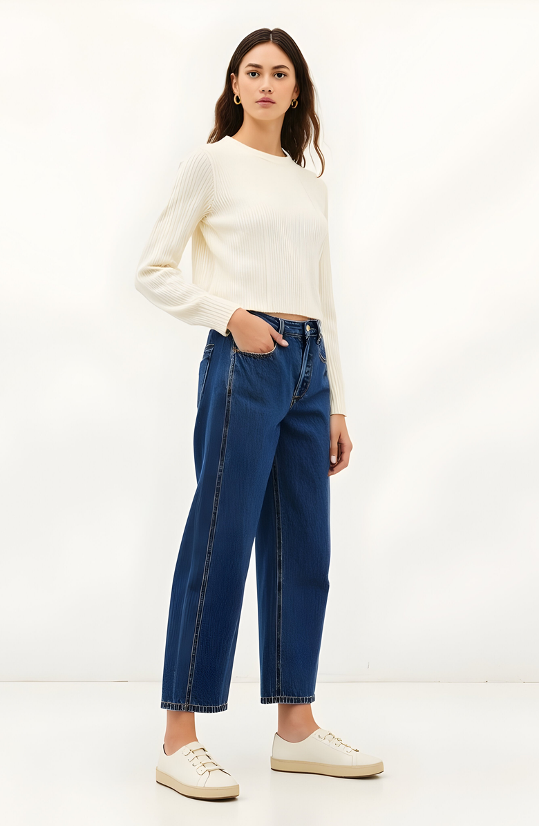 Modenaire Barrel Leg Denim Pants with Contrast Seams, High Waist and Pockets, Alternate, color, Dark Blue