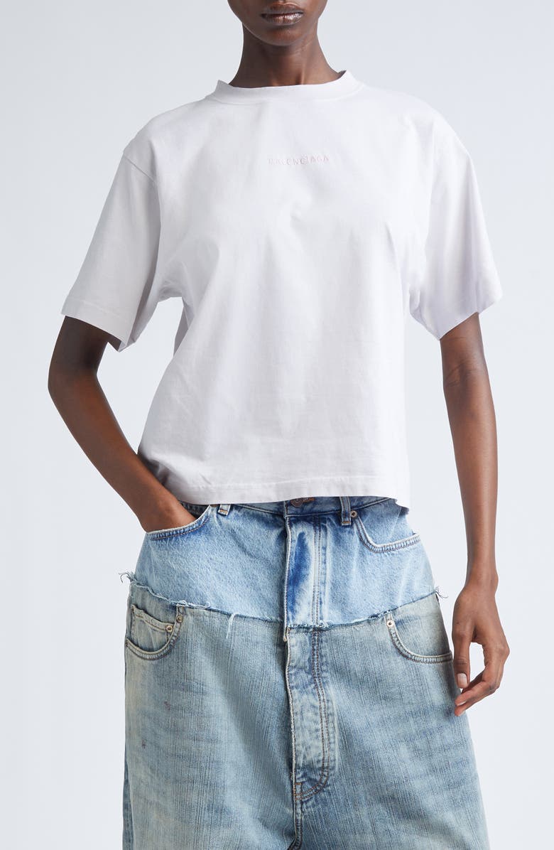 Balenciaga Medium Fit Embroidered Logo Graphic T-Shirt, Main, color, Dirty White/ Baby Pink