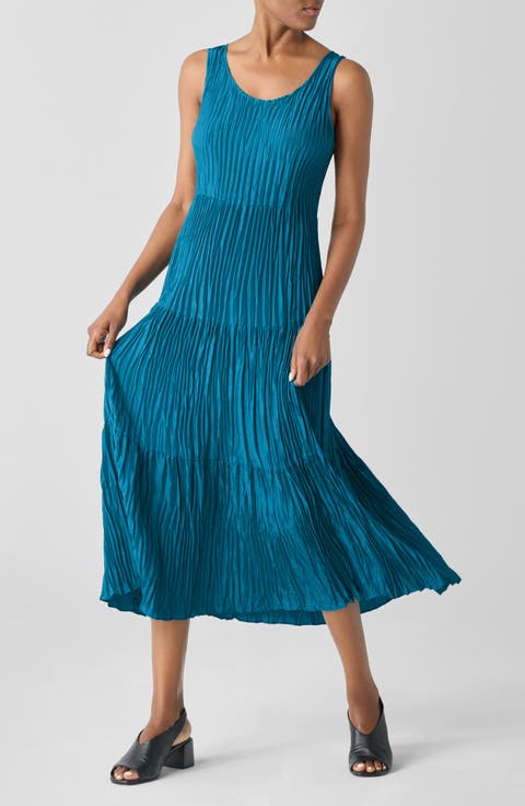 Tiered Pleated Silk Midi Dress