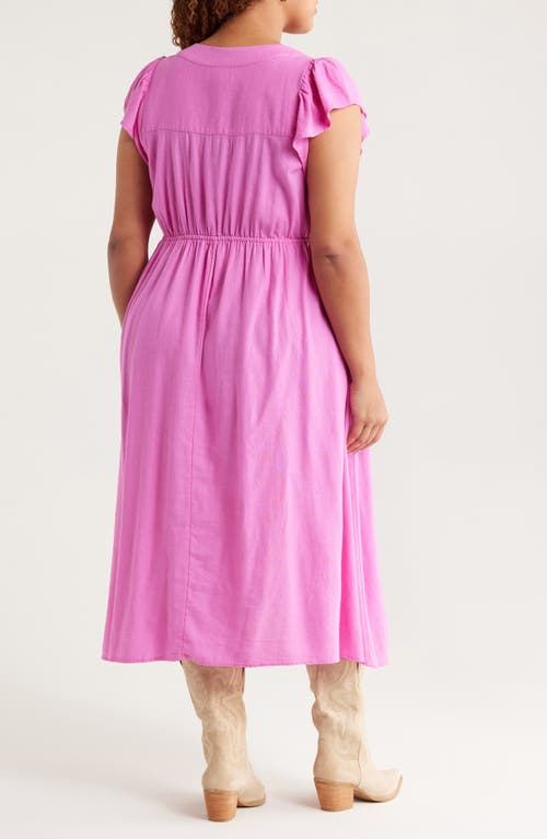 Treasure & Bond Short Sleeve Button Down Linen Blend Midi Dress In Pink